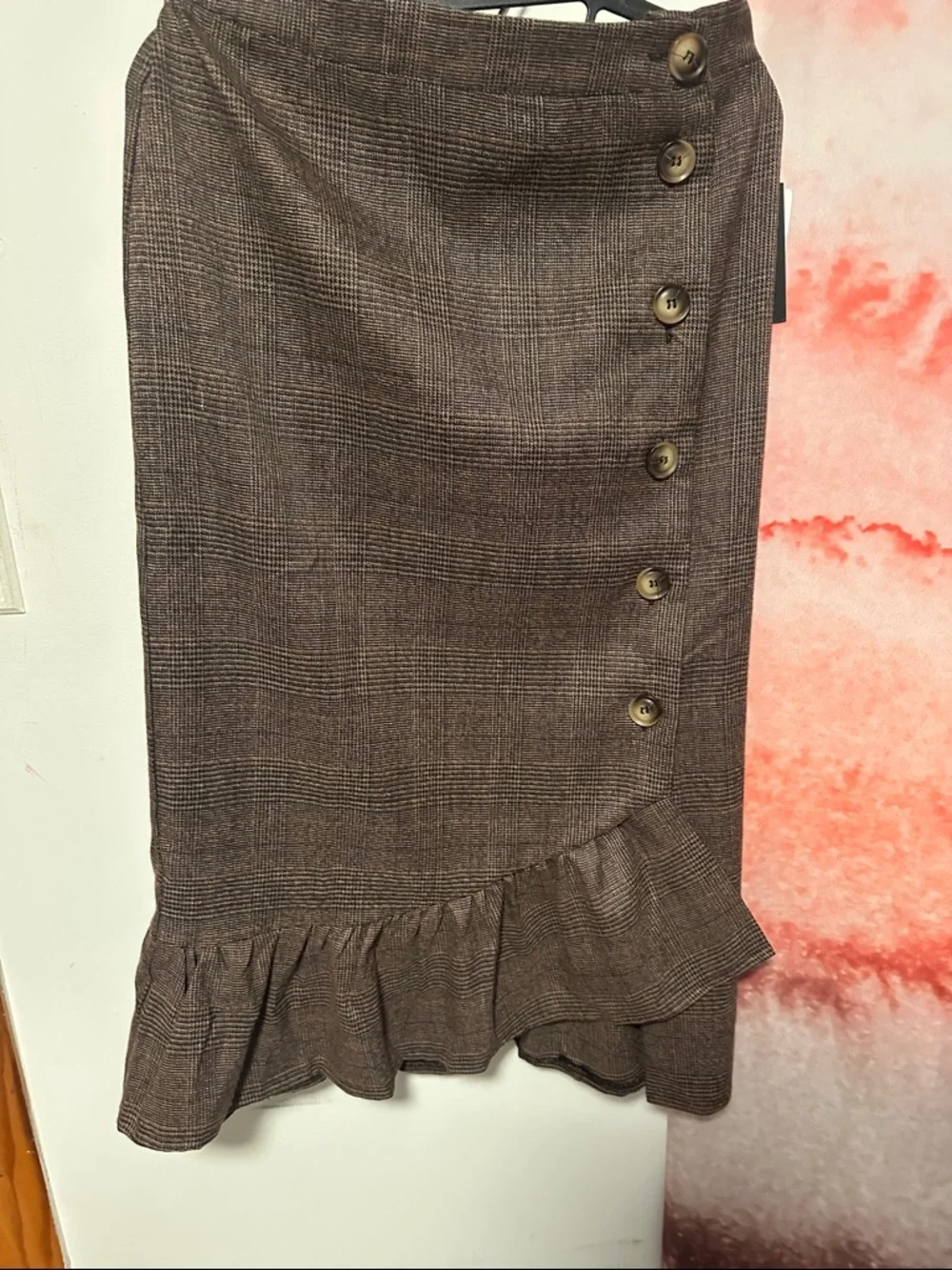 High-Low Brown Plaid Ruffle Hem Skirt with Side Button Detail - Picture 2 of 6